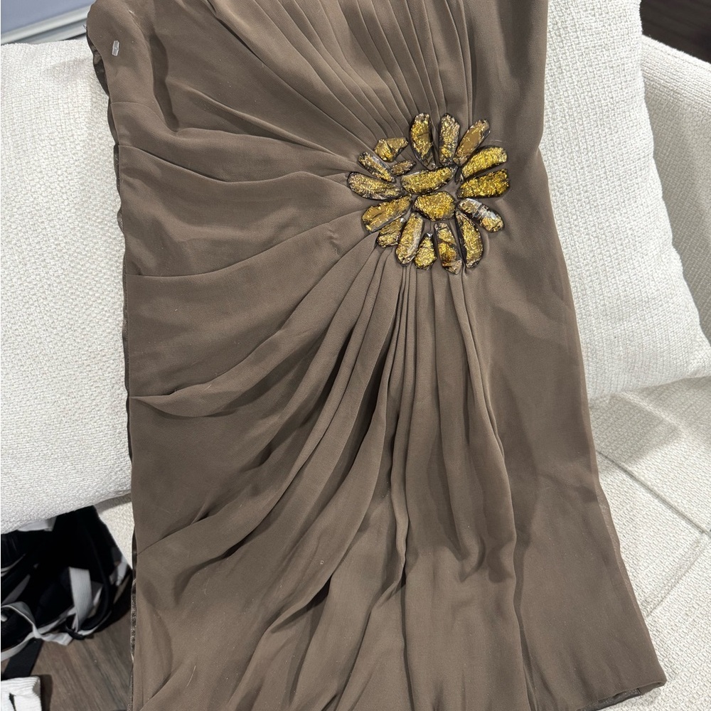 Asymmetrical Brown Strapless Gown with Embellishments